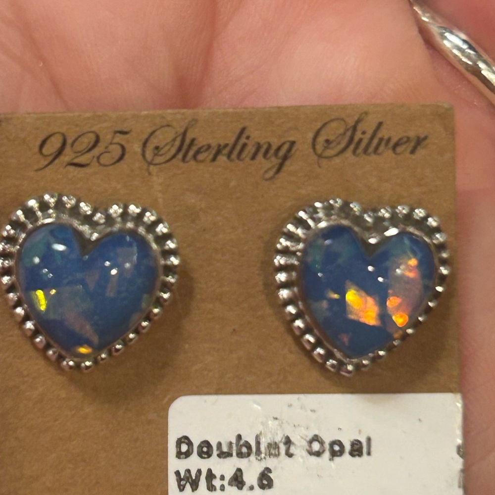 Sterling Silver Opal Heart Earrings